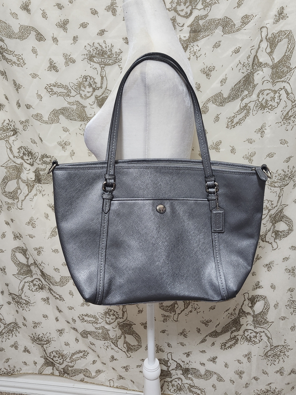 Coach Metallic silver grey Peyton Leather Zip Top Tote